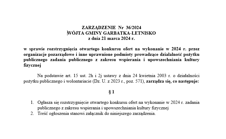 ZARZĄDZENIE Nr 36/2024 WÓJTA GMINY GARBATKA-LETNISKO z dnia 21 marca 2024 r.