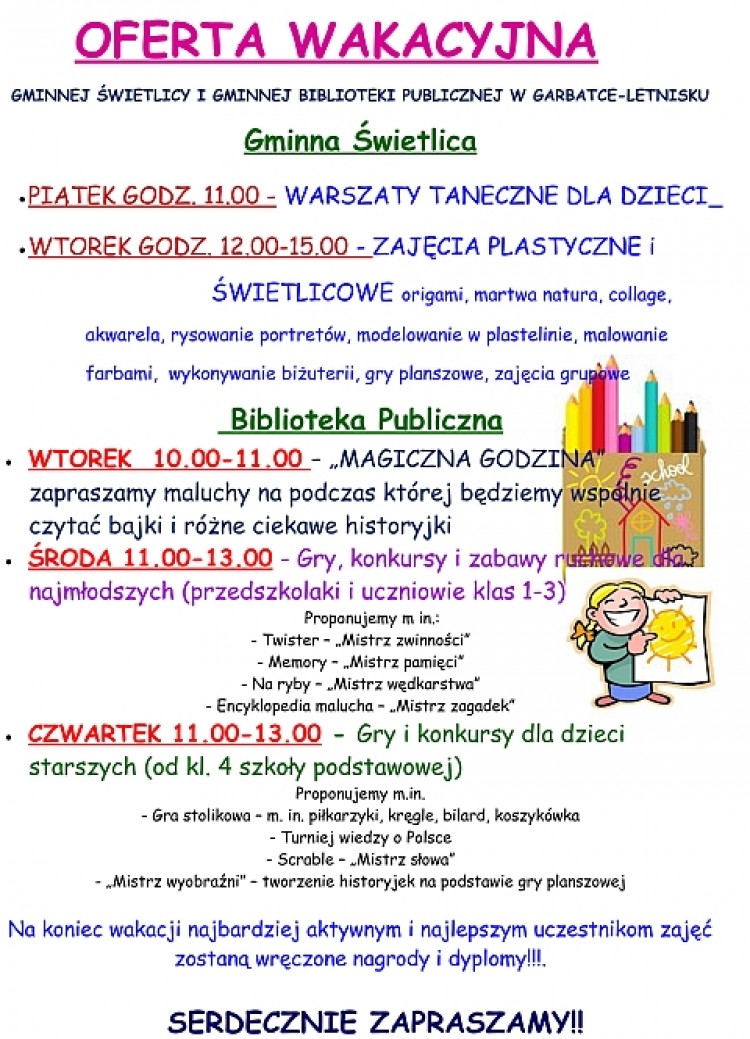 Wakacje w Gminie Zaproszenie Gminnej Świetliy oraz Gminnej Biblioteki Publicznej