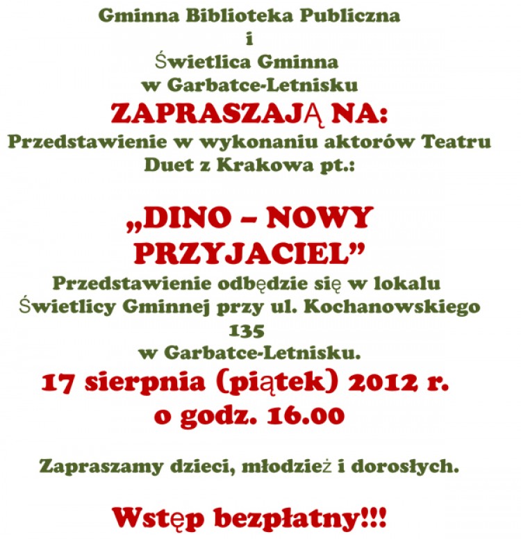Zaproszenie „DINO – NOWY PRZYJACIEL”