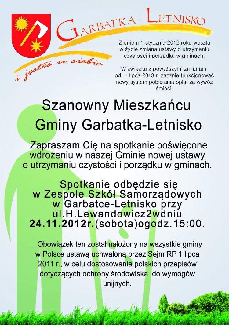 Wójt zaprasza na spotkanie spotkanie poświęcone wdrożeniu w naszej Gminie nowej ustawy o utrzymaniu czystości i porządku w gminach