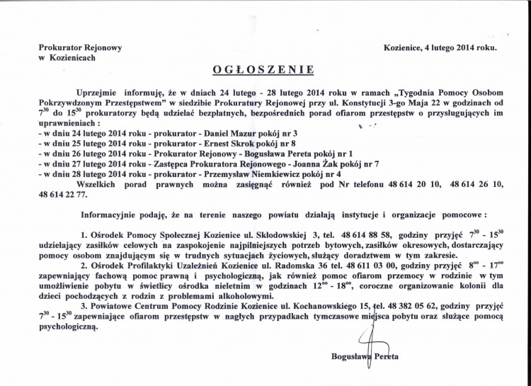 Ogłoszenie Tydzień Pomocy Osobom Pokrzywdzonym Przestępstwem