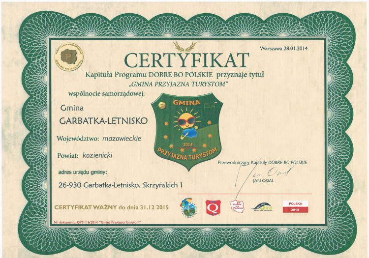 Garbatka-Letnisko przyjazna turystom Nasza Gmina została wyróżniona certyfikatem „Gmina przyjazna turystom”
