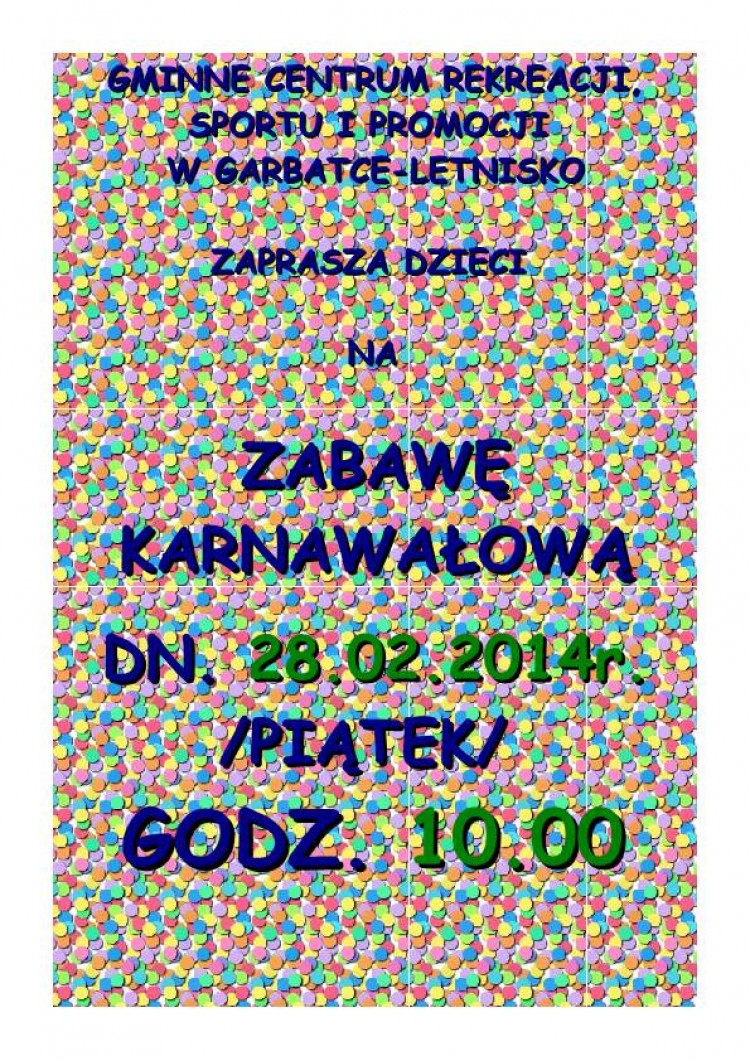 Zaproszenie na zabawę karnawałową dla dzieci