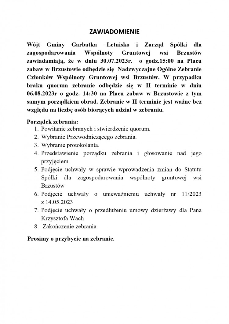 zawiadomienie o zebraniu Wspólnoty Gruntowej wsi Brzustów