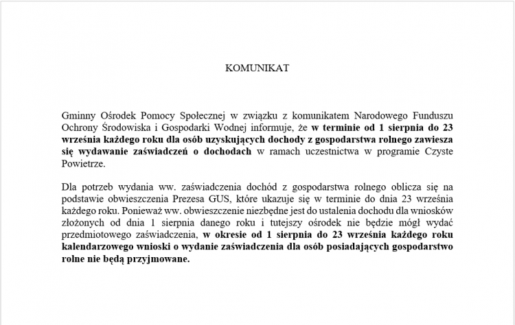 Czyste powietrze  – zawieszenie wydawania zaświadczeń o dochodach