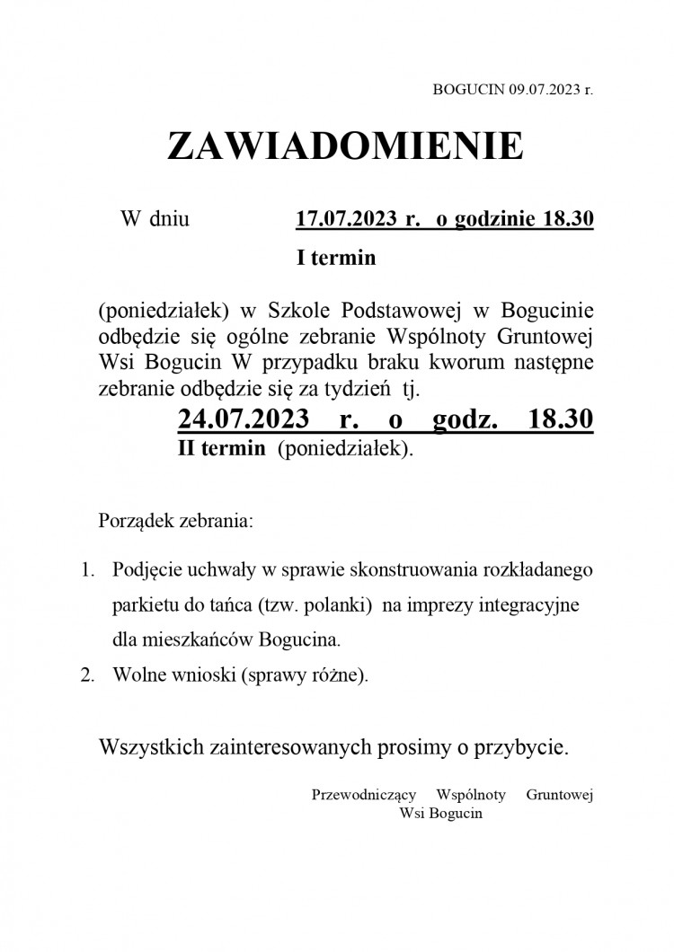 Zawiadomienie o zebraniu Wspólnoty Gruntowej wsi Bogucin