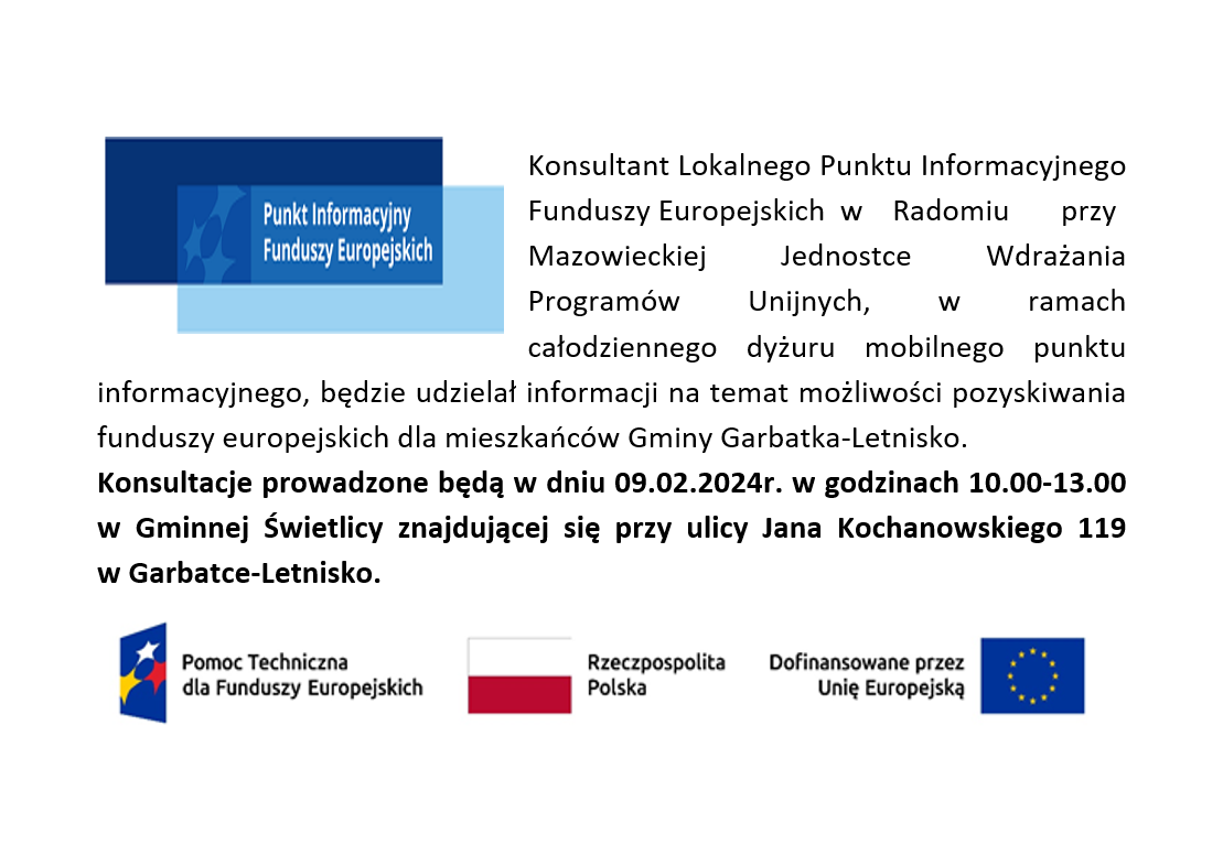 Zproszenie na spotkanie informacyjne dotyczące możliwości pozyskiwania funduszy europejskich dla mieszkańców Gminy Garbatka-Letnisko