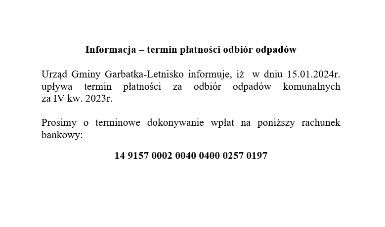 Informacja – termin płatności odbiór odpadów