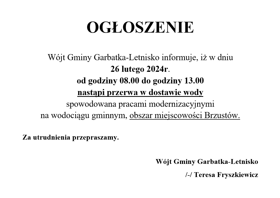 Przerwa w dostawie wody 26.02.2024 – Brzustów