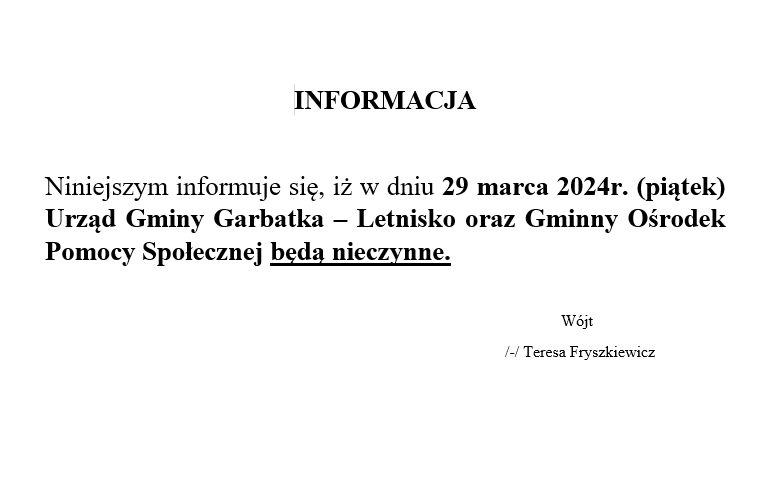 Urząd nieczynny dnia 29 marca 2024r
