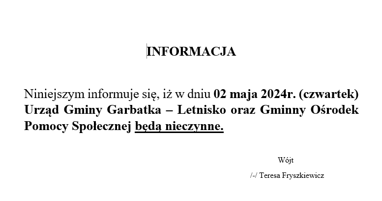 Urząd nieczynny w dniu 02.05.2024r