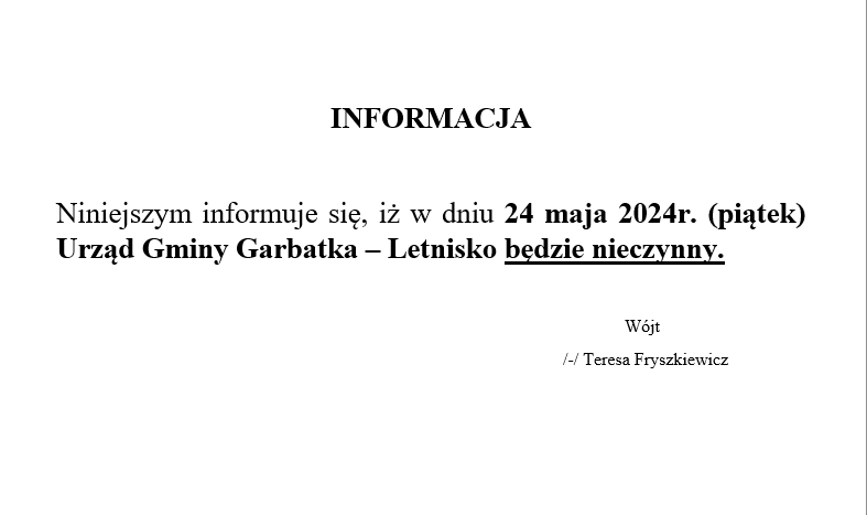 Urząd nieczynny 24 maja 2024r