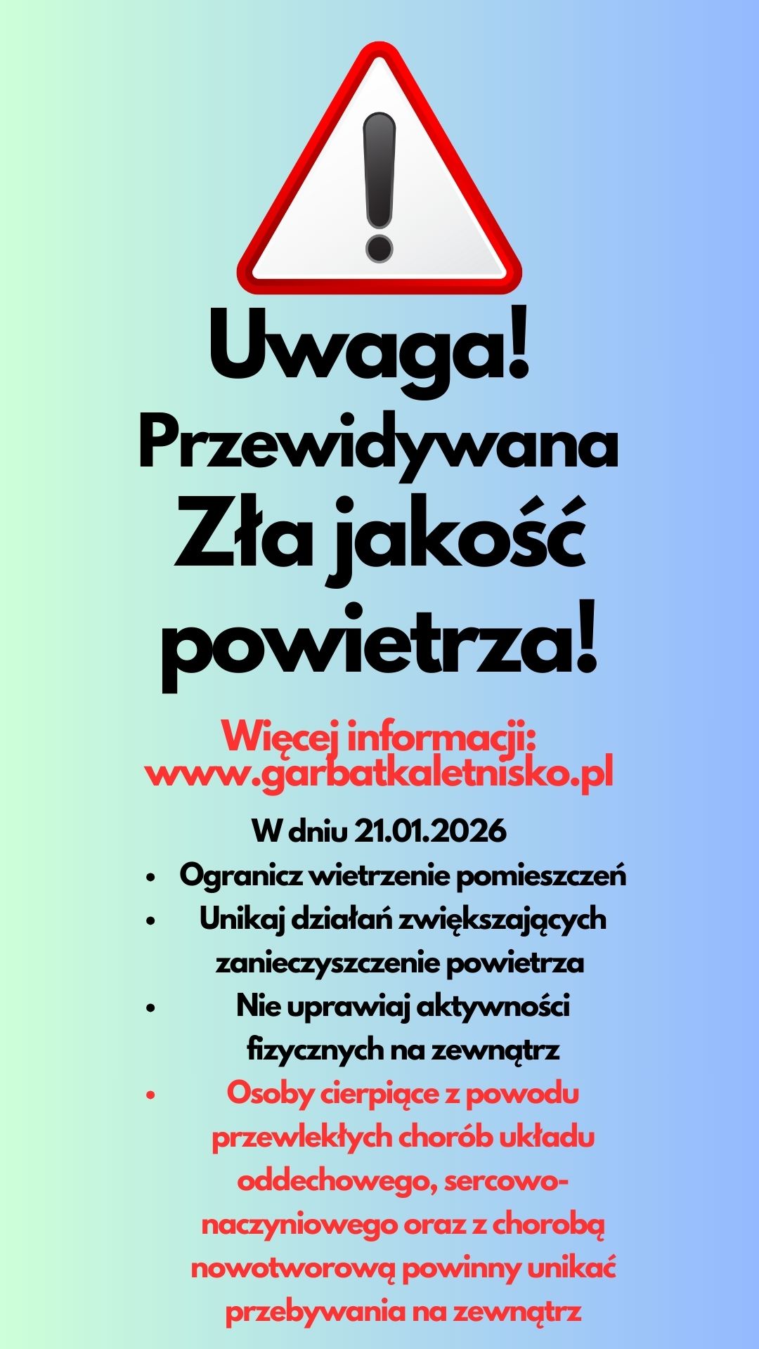 Powiadomienie o ryzyku wystąpienia przekroczenia średniodobowego poziomu dopuszczalnego dla pyłu zawieszonego PM10 w powietrzu