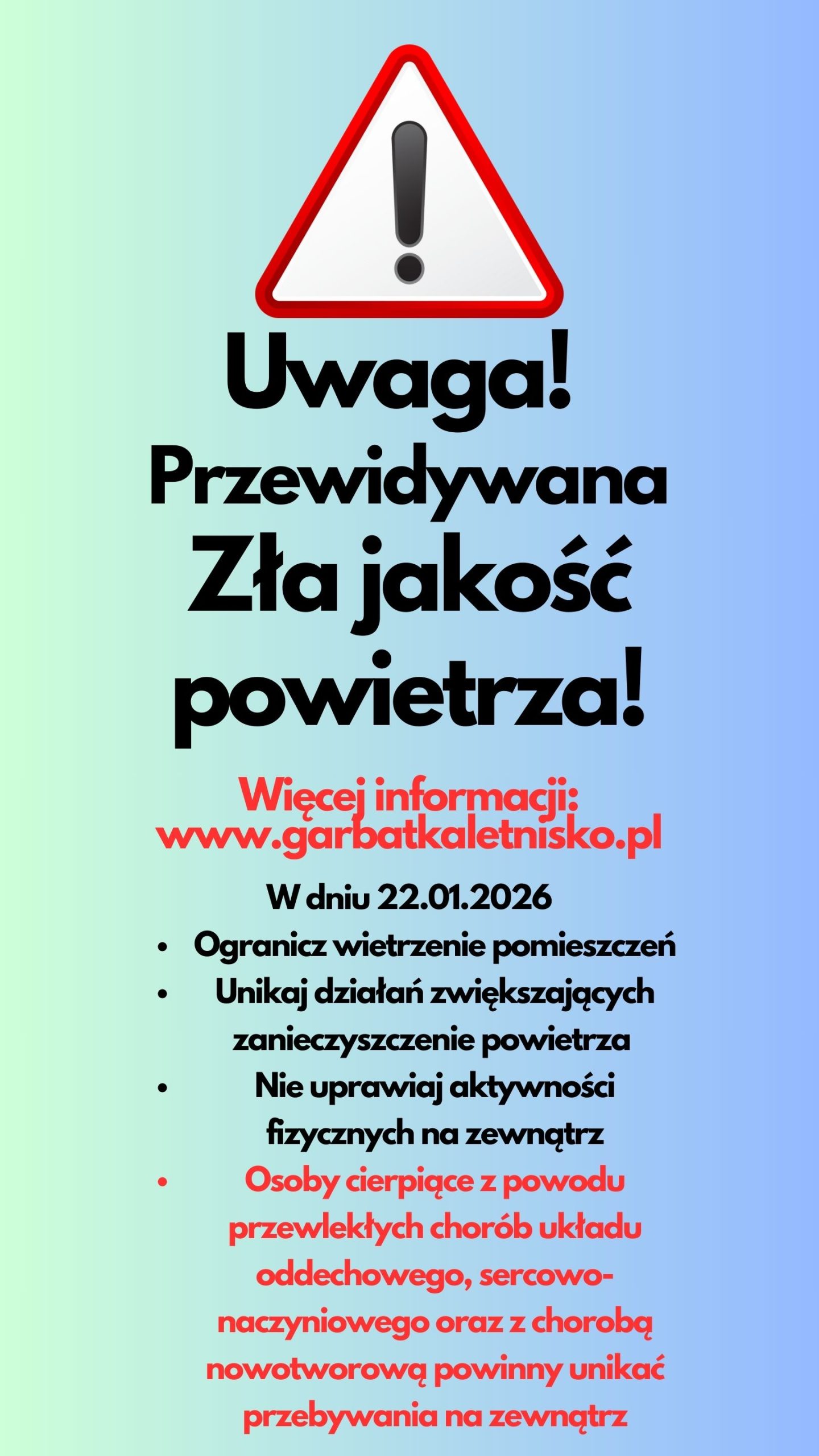 Powiadomienie o ryzyku wystąpienia przekroczenia średniodobowego poziomu dopuszczalnego dla pyłu zawieszonego PM10 w powietrzu