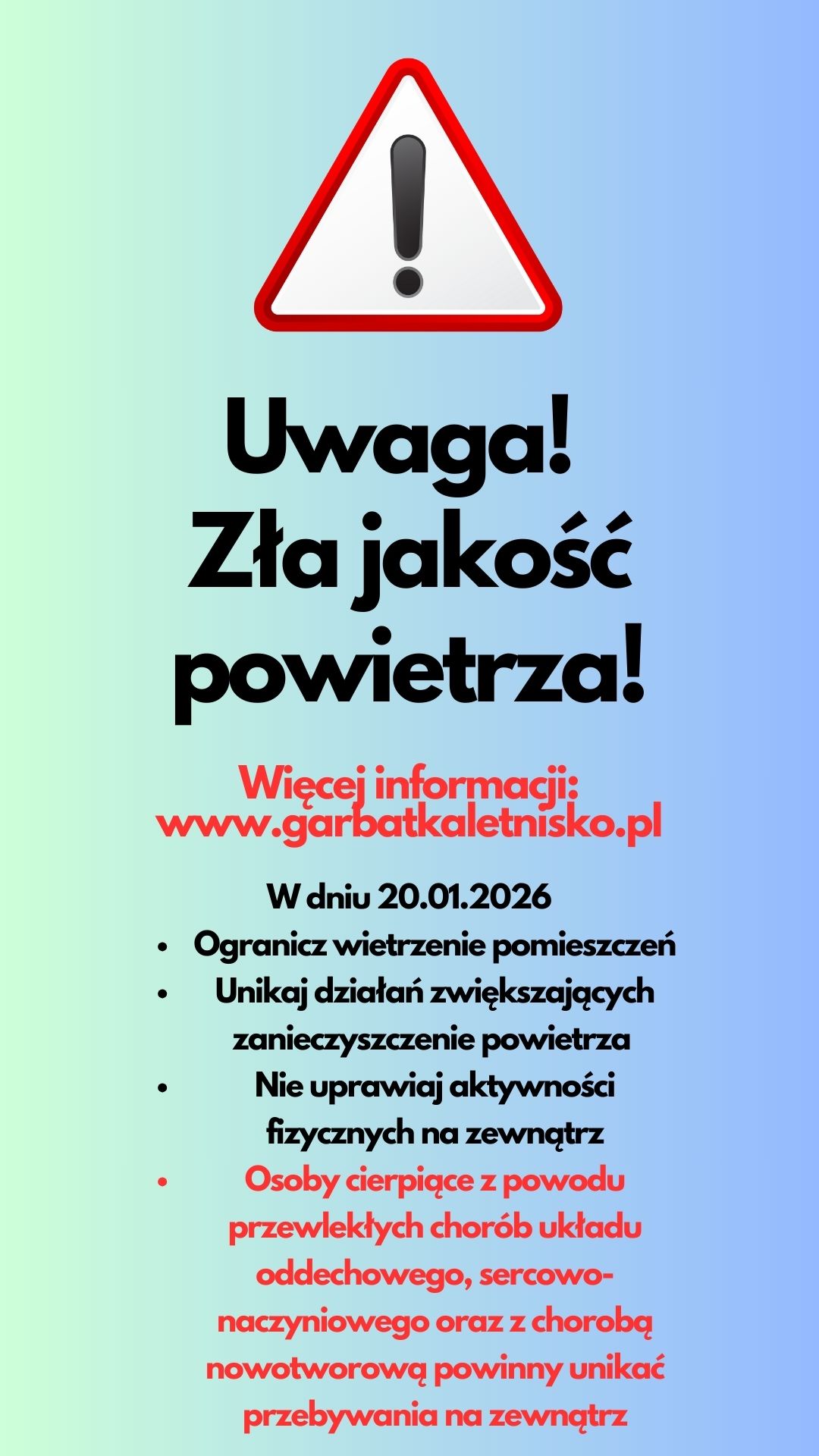 Powiadomienie o ryzyku wystąpienia przekroczenia średniodobowego poziomu dopuszczalnego dla pyłu zawieszonego PM10 w powietrzu