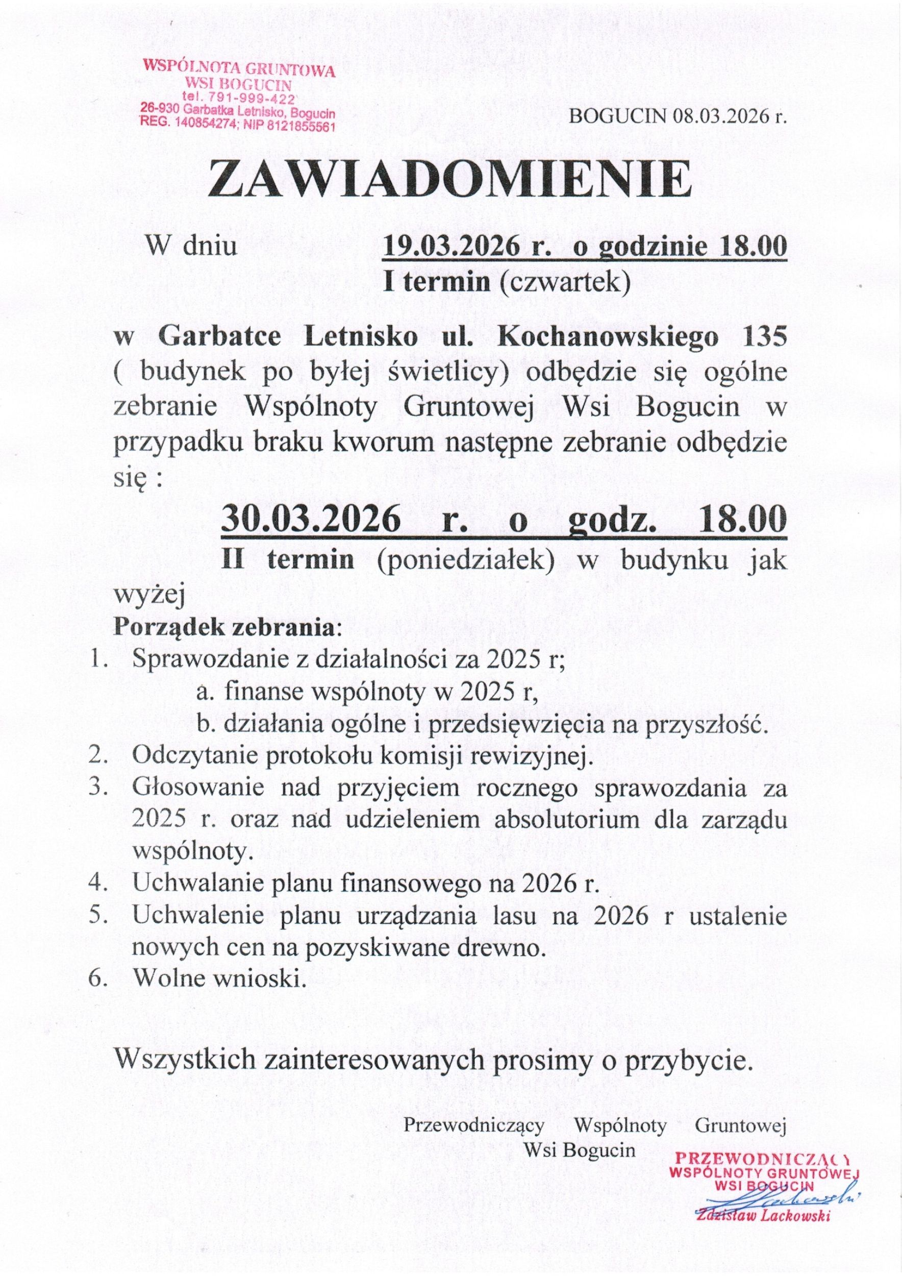 Informacja na temat zebrań Wspólnoty Gruntowej Wsi Bogucin