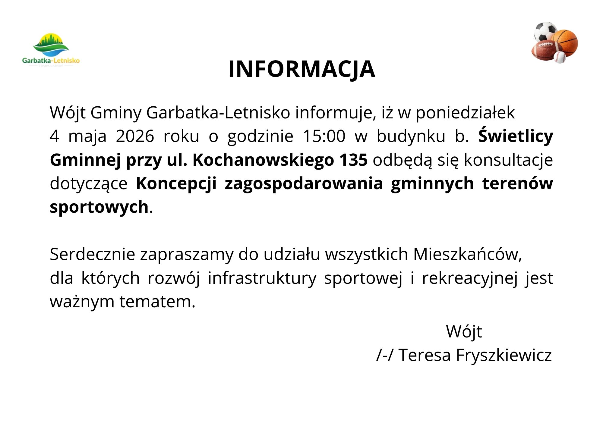 Zaproszenie na konsultacje dotyczące koncepcji zagospodarowania gminnych terenów sportowych