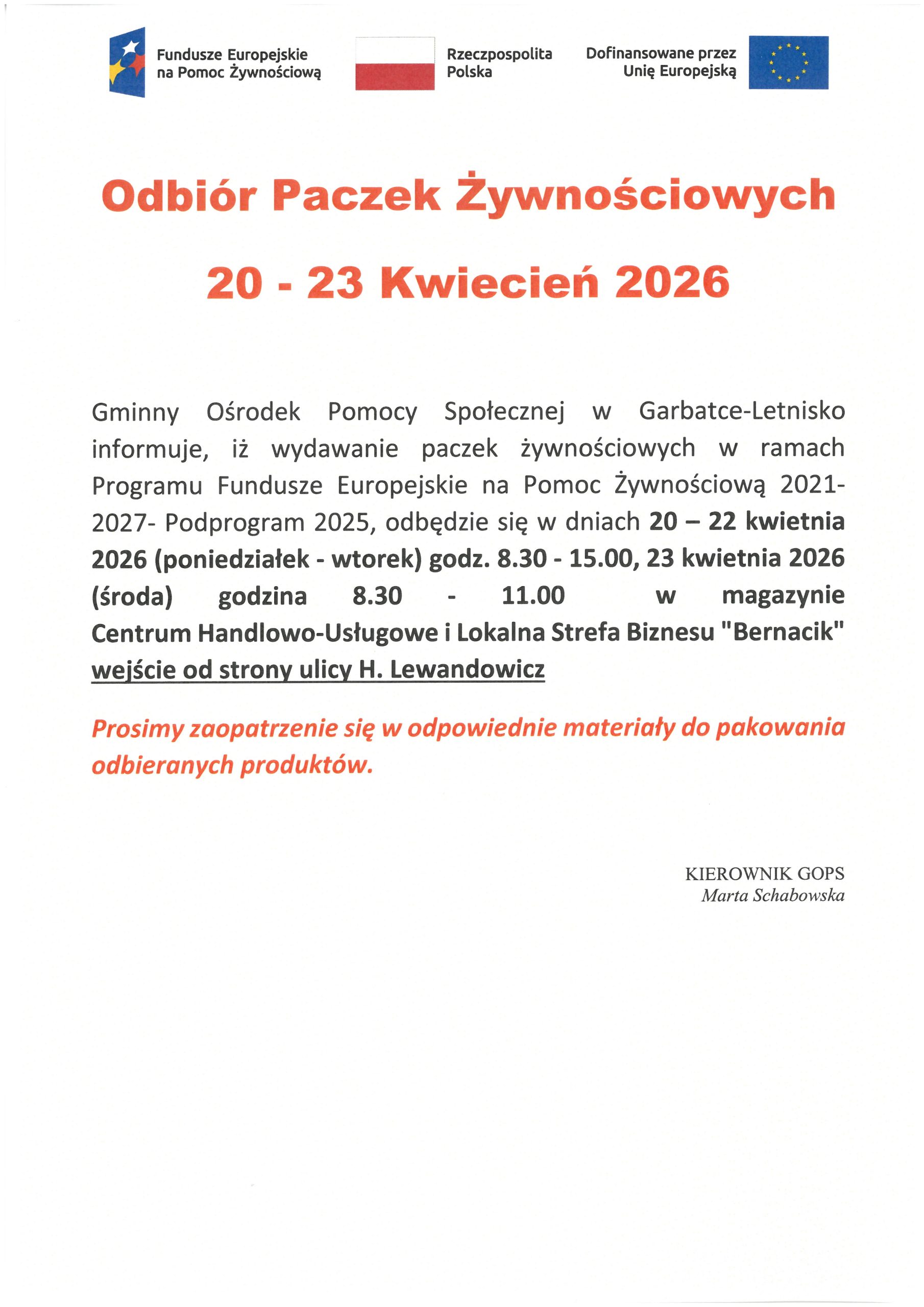 Informacja nt. odbioru paczek żywnościowych