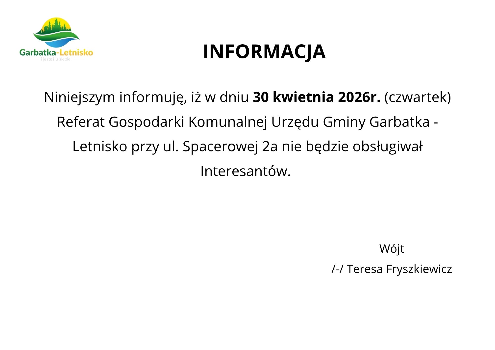 Komunikat dot. pracy Urzędu Gminy w dn. 30.04.2026 r.