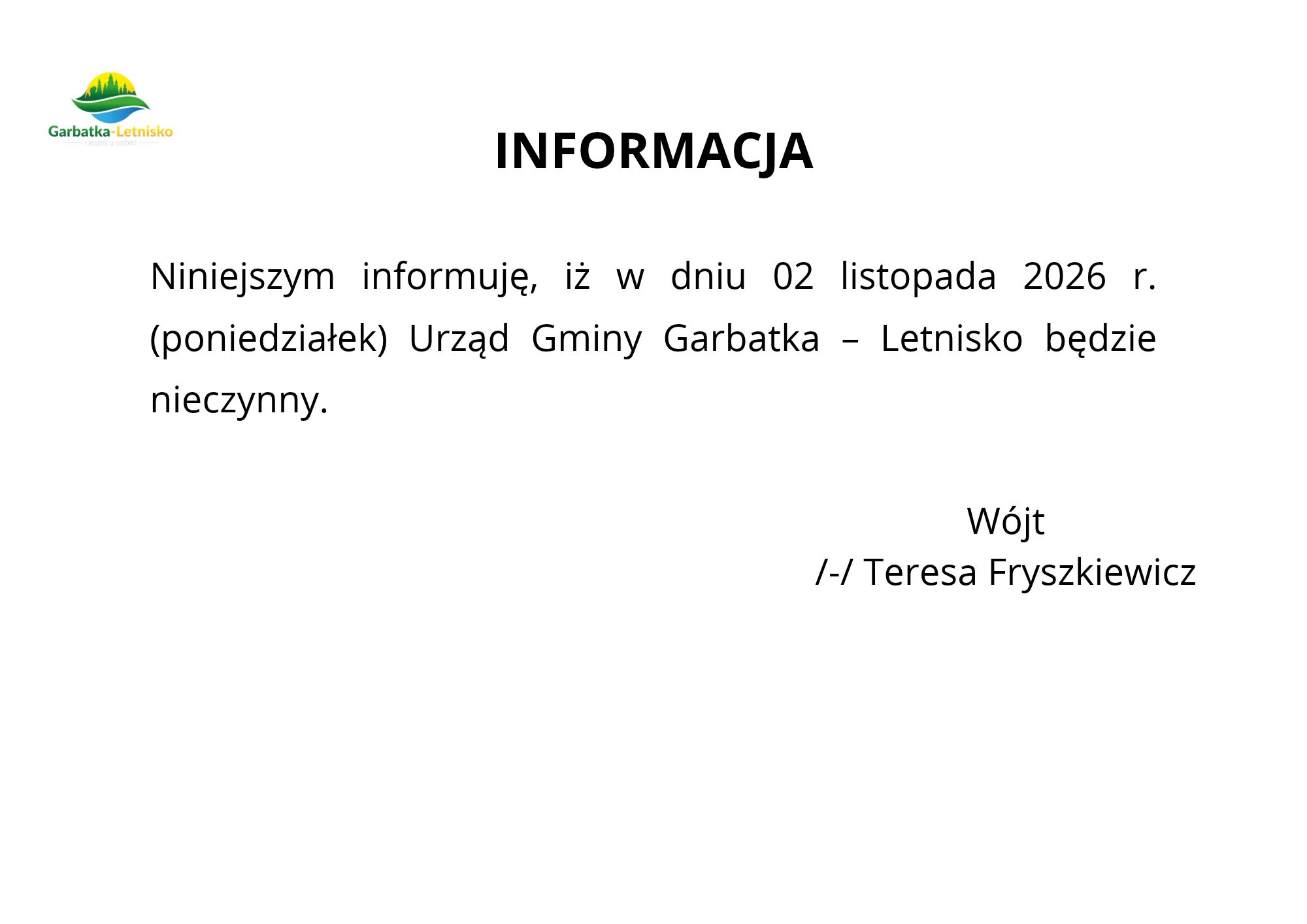 Informacja dot. pracy Urzędu Gminy w dn. 2 listopada 2026 r.
