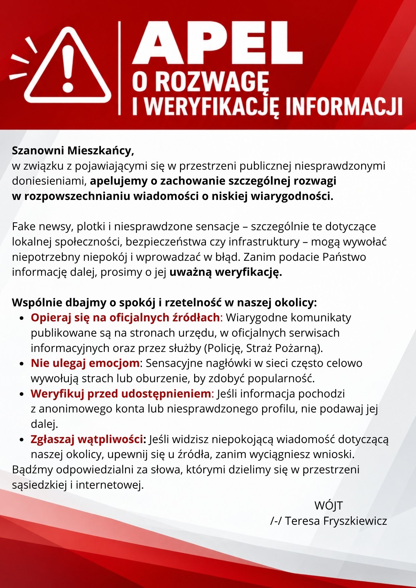 Apel o rozwagę i weryfikację informacji