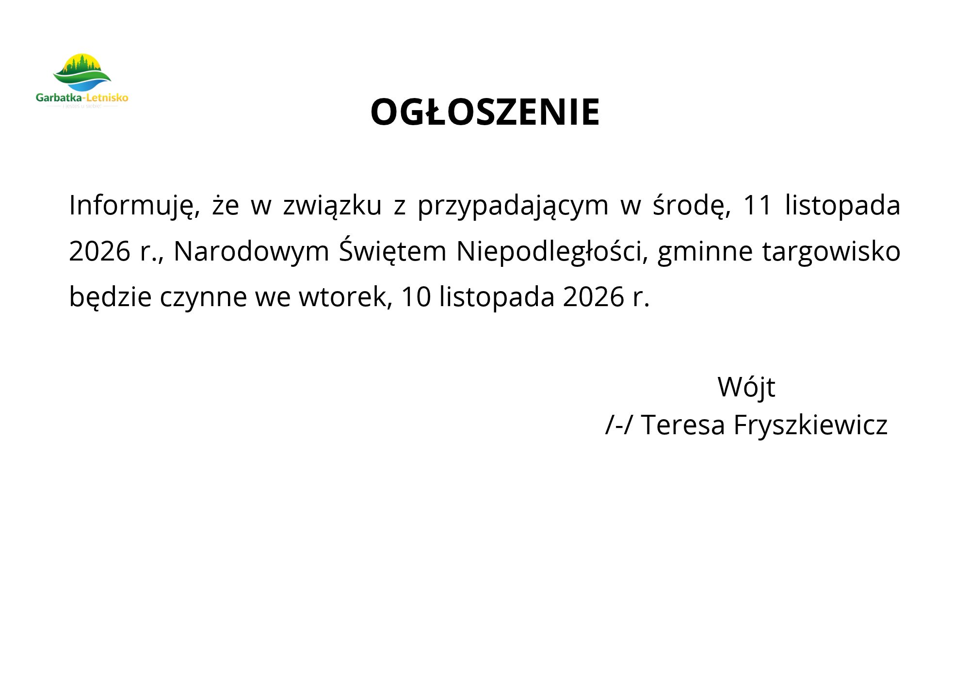 Zmiana terminu funkcjonowania gminnego targowiska w związku ze Świętem Niepodległości