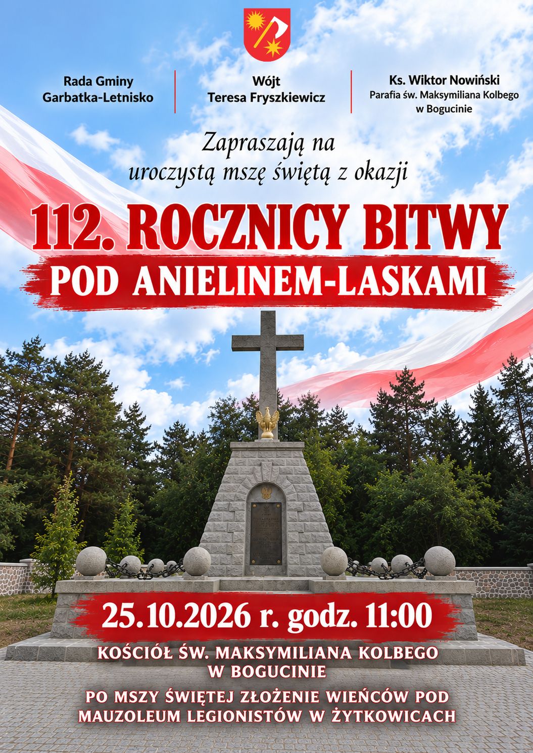 Zaproszenie na obchody 112. Rocznicy Bitwy pod Anielinem-Laskami